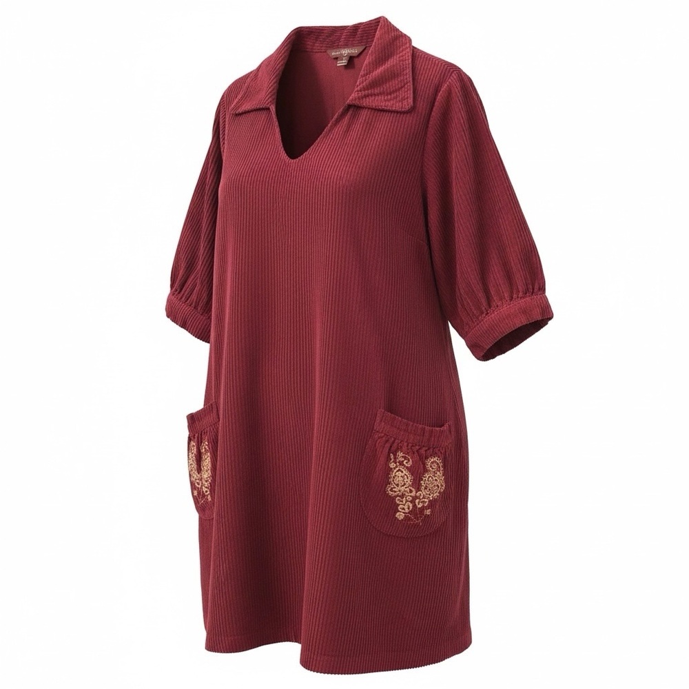 EUC Vintage April Cornell Red Corduroy Dress with Embroidered Pockets Size XL - Picture 2 of 9